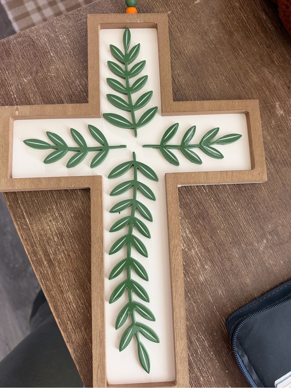 Green Leaf Cross Wall Art with Wood Frame